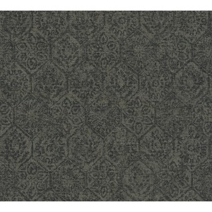 Grau-schwarze Vliestapete mit orientalischem Vintage-Muster und leichter Struktur.