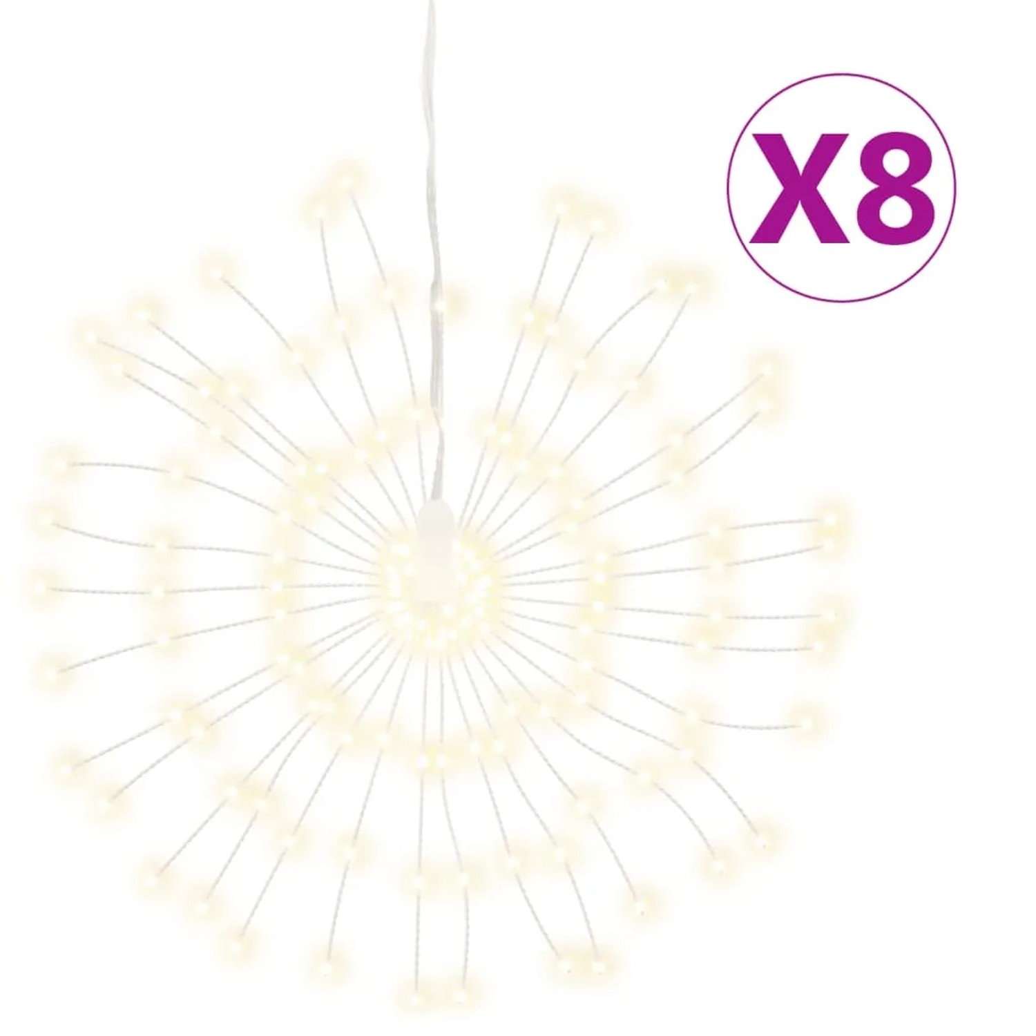 Warmweiße LED-Weihnachtsbeleuchtung im Feuerwerk-Design, 8 Stück. Ideal als Außen-Lichterkette für festliche Deko.