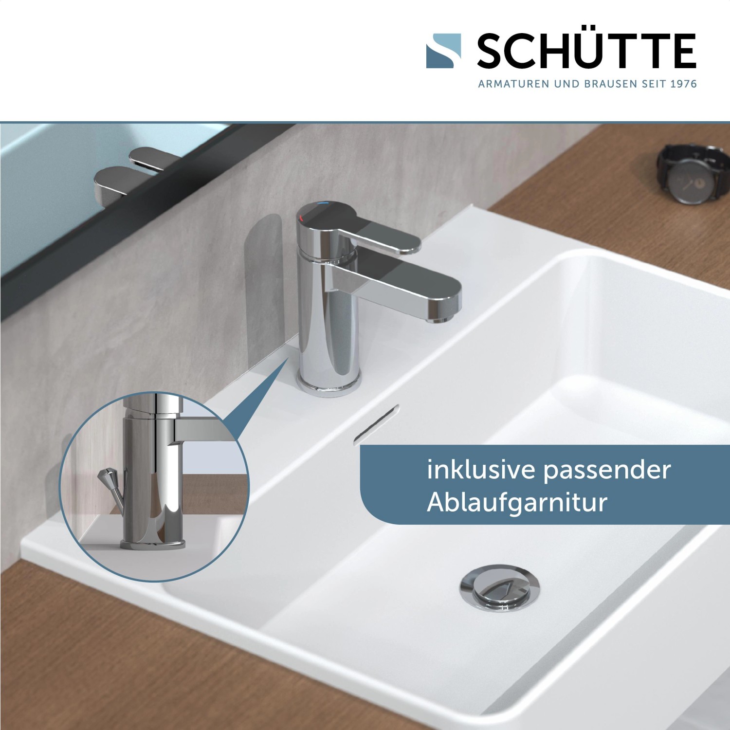 Schütte Waschtischarmatur Elephant Chrom auf weißem Waschbecken mit Ablaufgarnitur.