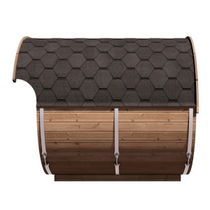 Weka Saunahaus Keila aus Thermoholz mit Bitumendach und Spannbändern.