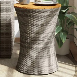 Grauer vidaXL Garten-Beistelltisch in Trommelform aus Rattan mit Akazienholzplatte.