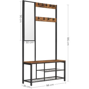 Songmics Garderobe in Braun-Schwarz mit 9 Haken, Spiegel, Sitzbank und Schuhregal.