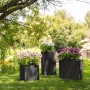 Lechuza Canto Stone Pflanzsäulen in Graphitschwarz mit bunten Blumen auf einer Wiese.