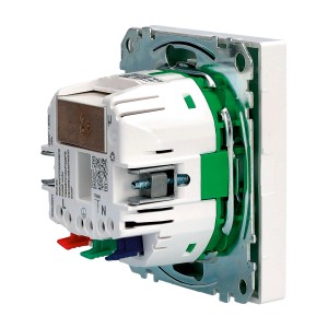 Merten System Design Schutzkontakt-Steckdose, lotusweiß, für Hausautomation. Detailansicht der Rückseite.