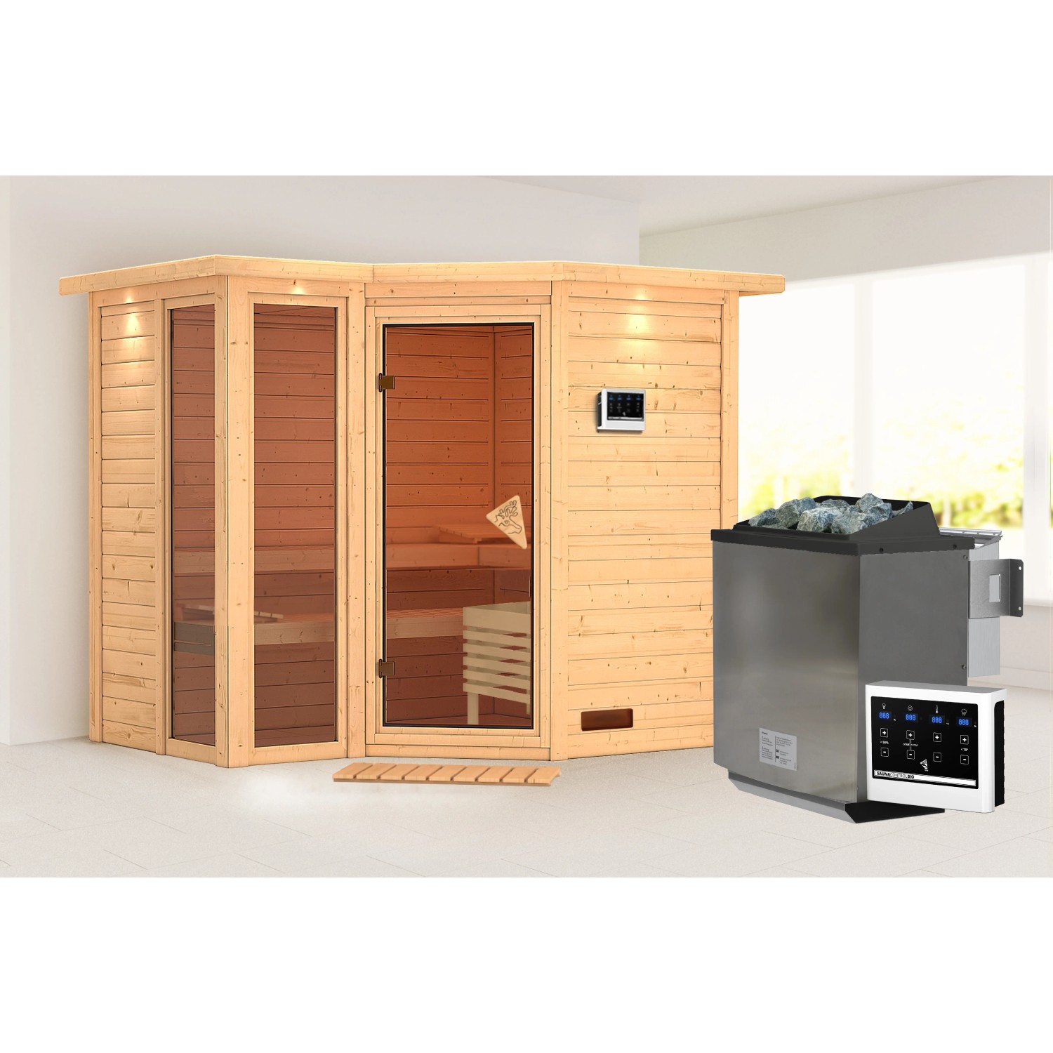 Karibu Sauna Amalia mit Bio-Ofen und LED-Dachkranz aus naturbelassener Fichte.