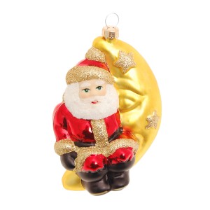 Weihnachtsornament: Santa auf Mond, 12cm, Krebs Glas Lauscha. Christbaumkugel, rot, gold.