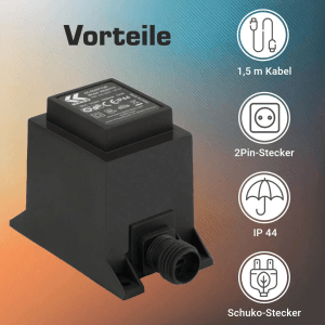 Schwarzer Kerry Electronics Trafo 12W 12V IP44 mit 2-Pin-Stecker und Kabel für Elektroinstallation.