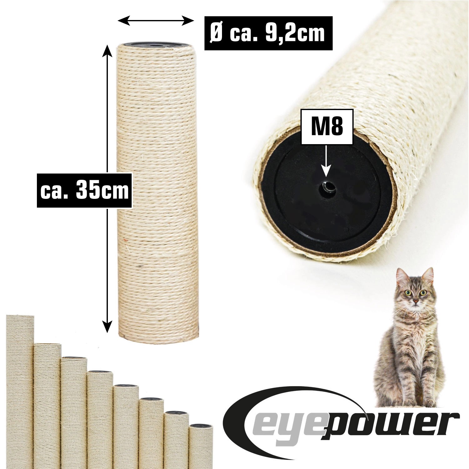 eyepower Sisalstamm 35 cm, Ø 9,2 cm, M8 Gewinde, für Katzenkratzbaum als Ersatz.