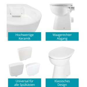Calmwaters Stand-WC Set, erhöht, spülrandlos, mit Absenkautomatik, weiß. Details zu Keramik, Abgang und Spülkästen.