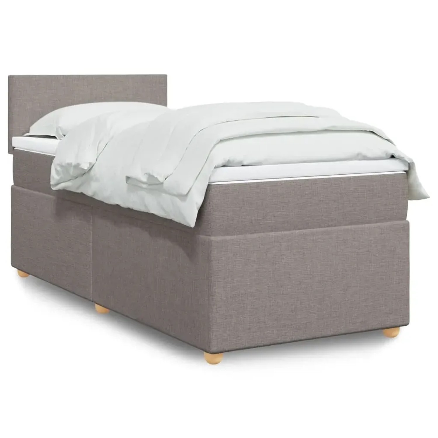 vidaXL Boxspringbett mit Matratze, taupefarbener Stoff, 80x200 cm. Bett mit weißer Bettwäsche.