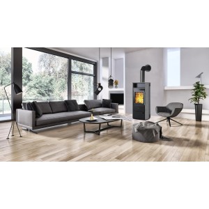 Kleining Dublin Naturstein Kaminofen Grau 6 kW in modernem Wohnraum.