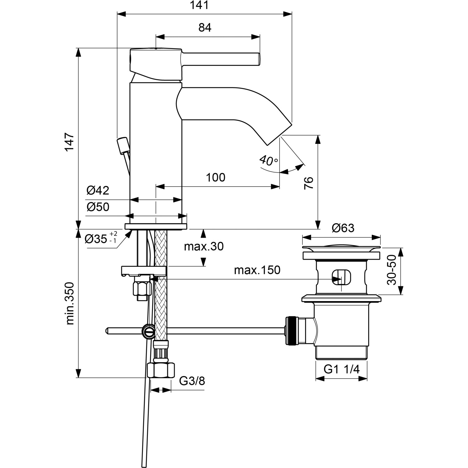 Technische Zeichnung: Ideal Standard Ceraline Waschtischarmatur, Maße und Anschlüsse.