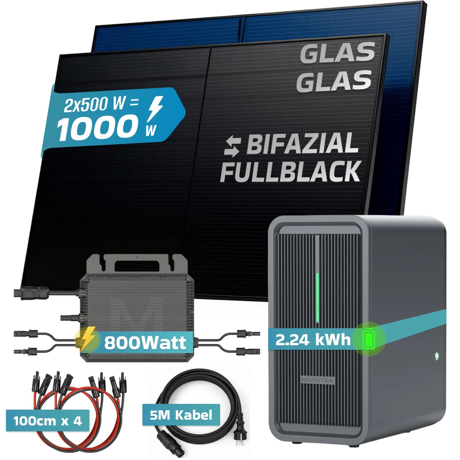 SUNNIVA Balkonkraftwerk 1000W mit Solarspeicher, Wechselrichter und bifazialen Fullblack Solarmodulen.
