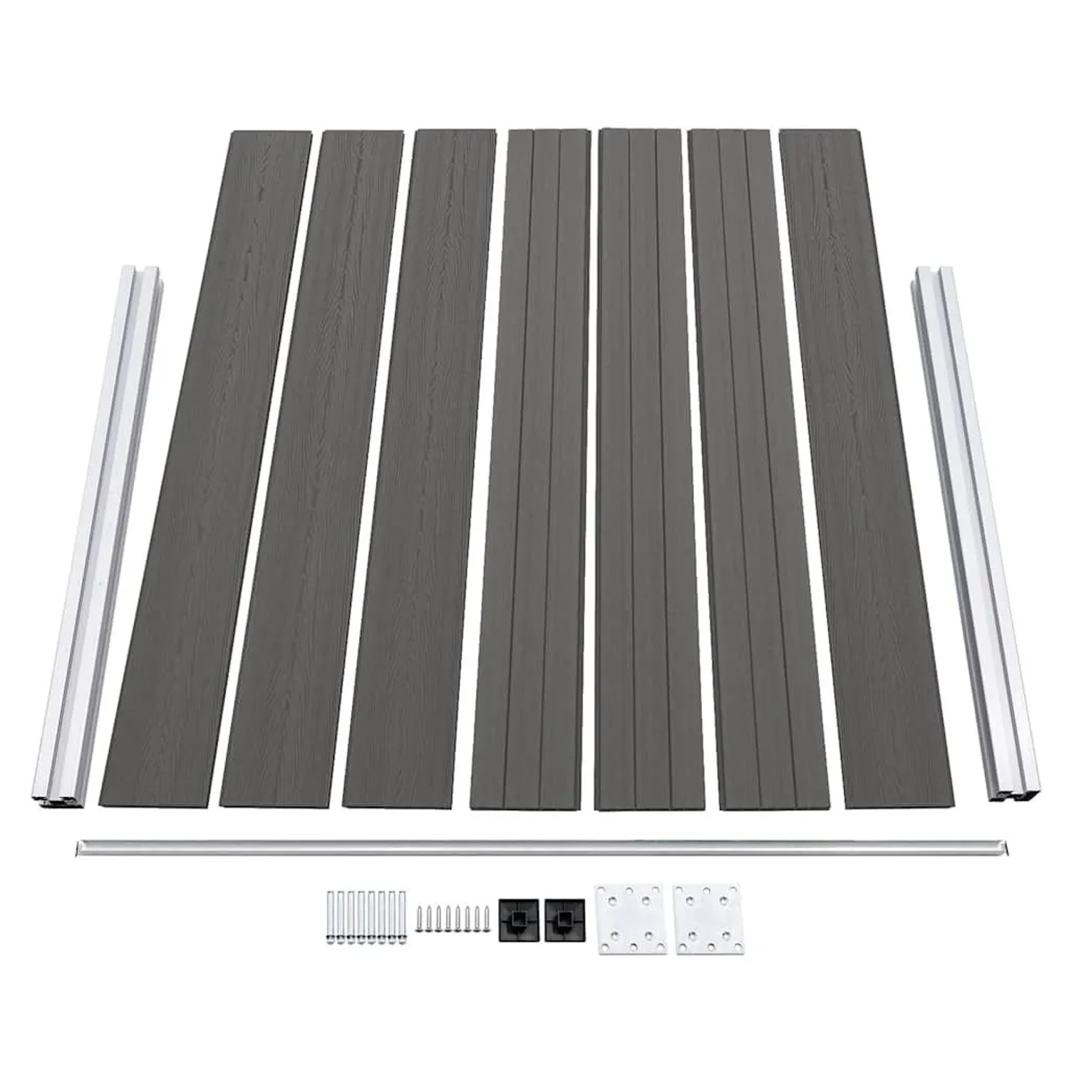 Graues vidaXL WPC Zaunelement Set, zerlegt, mit Aluminiumpfosten und Montagezubehör für Sichtschutzzäune.