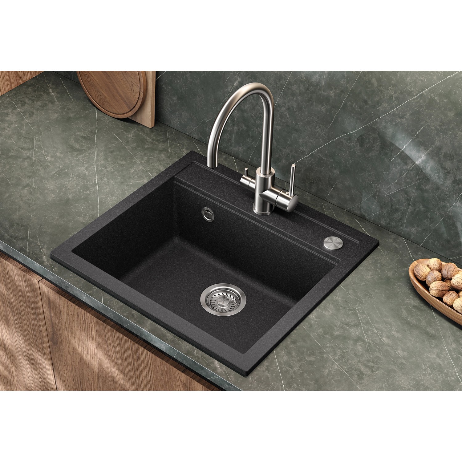 Helika Einbauspüle Quadro 56 cm x 51 cm Schwarz inkl. Druckknopfventil_6