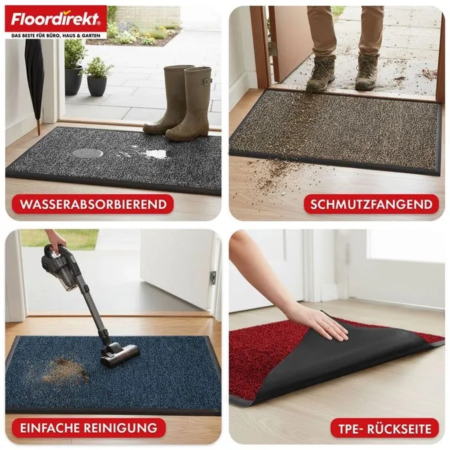 Collage: Floordirekt Schmutzfangmatte Space 205 in versch. Nutzungssituationen und Farben.