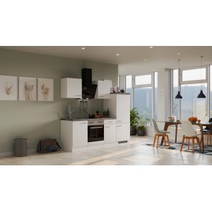 Moderne Küchenzeile Joelina, 220 cm, in Weiß matt und Beton Grau mit E-Geräten.