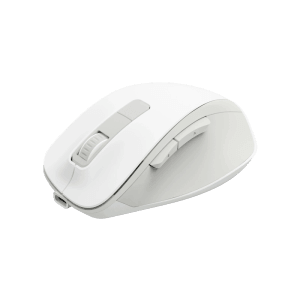 Weiße Hama Funkmaus WM-500 mit 6 Tasten, ergonomisch und ohne Klickgeräusch.