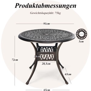 Runder Costway Gartentisch aus Aluminiumguss mit Schirmloch, Ø 91 cm und 72 cm Höhe. Maße detailliert.