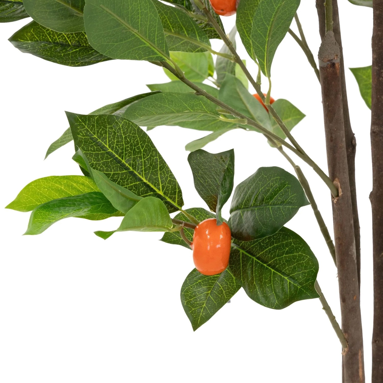 Detailaufnahme: ML-Design Kunstpflanze Orangenbaum (130 cm) mit grünen Blättern und orangen Früchten.
