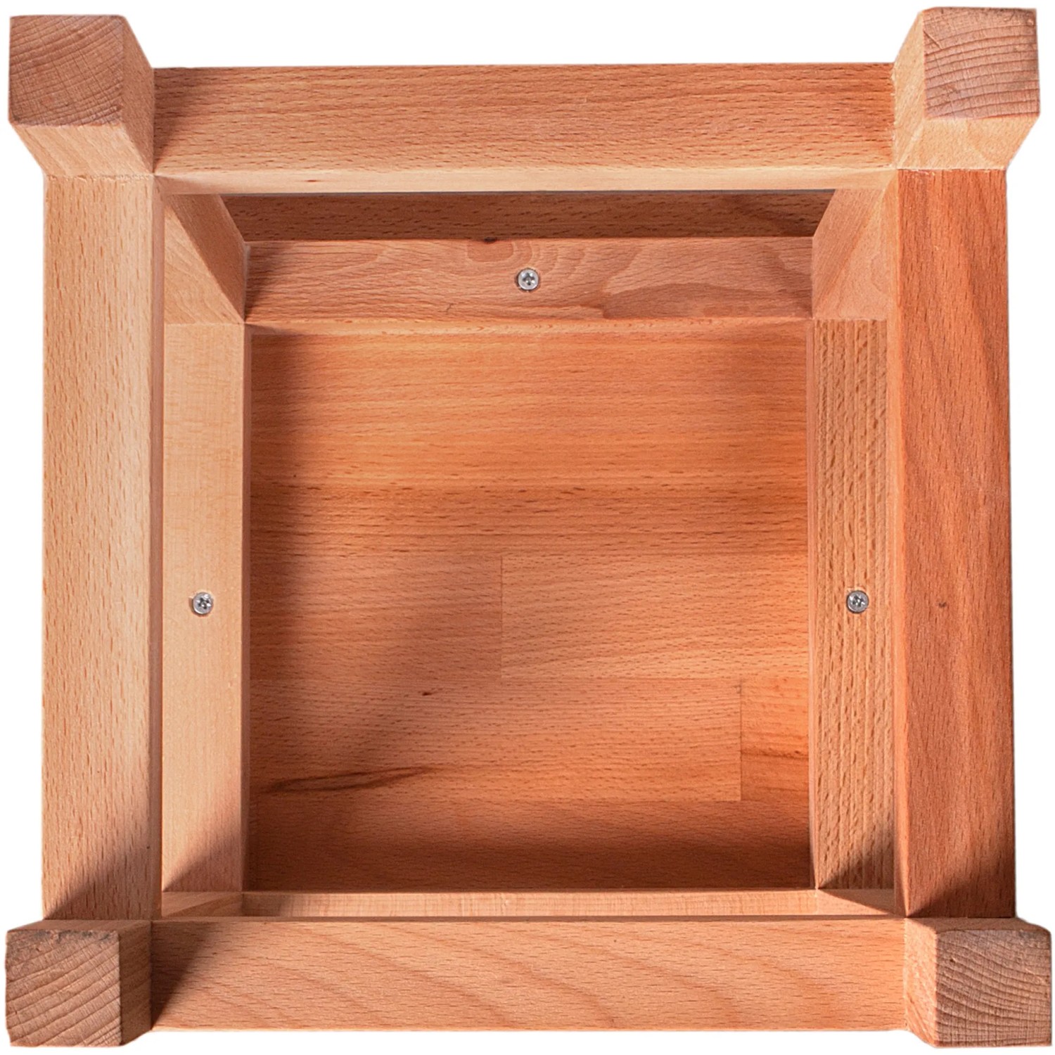 Detailaufnahme Universalhocker Marco 1 Eiche, Unterseite mit Holzstruktur und Schrauben.