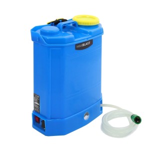 MAXBLAST Fensterreinigungs-Rucksack, 16L, blau mit gelbem Deckel und Schlauch.