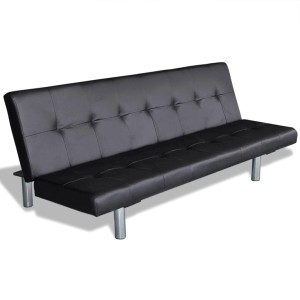 Schwarzes vidaXL Schlafsofa aus Kunstleder, ausziehbar zum Bett mit Kissen.