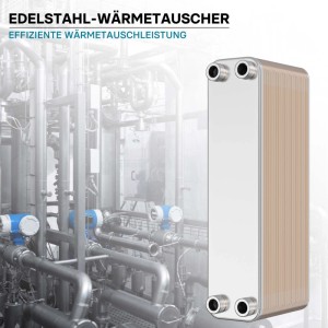 Wiltec Edelstahl Plattenwärmetauscher mit 50 Platten, silber, Anschlüsse sichtbar, vor industrieller Kulisse. Effiziente Wärmequelle.