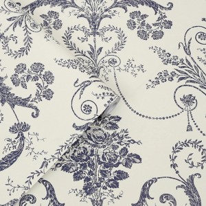Laura Ashley Vliestapete Josette, off-white mit mitternachtsblauem Blumenmuster.