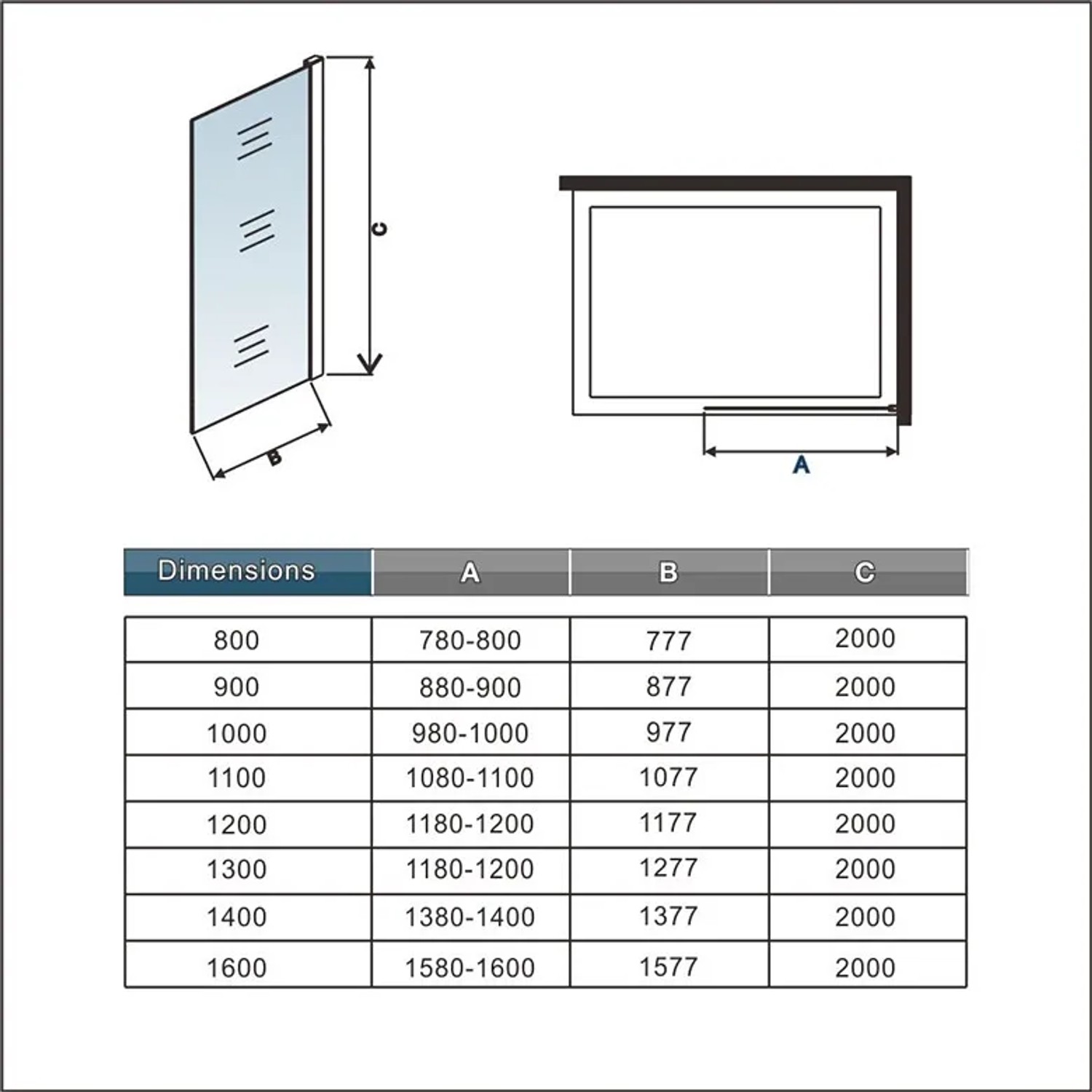 Technische Zeichnung Walk-In Dusche 86x195cm mit Maßen und Details zur Montage.