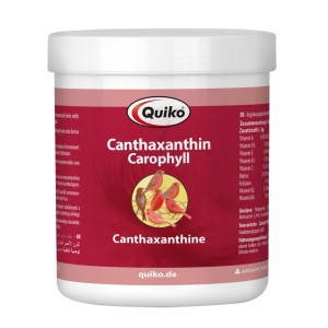 Quiko Canthaxanthin Ergänzungsfutter für Ziervögel, 500g Dose mit rotem Etikett und Vogelabbildung.