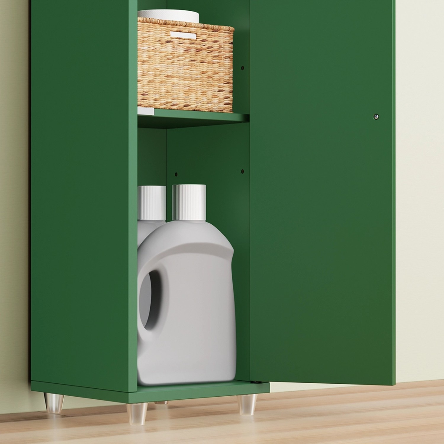 Grüner SoBuy Badezimmerschrank Hochschrank mit Regalböden und geöffneter Tür. Badmöbel-Set.