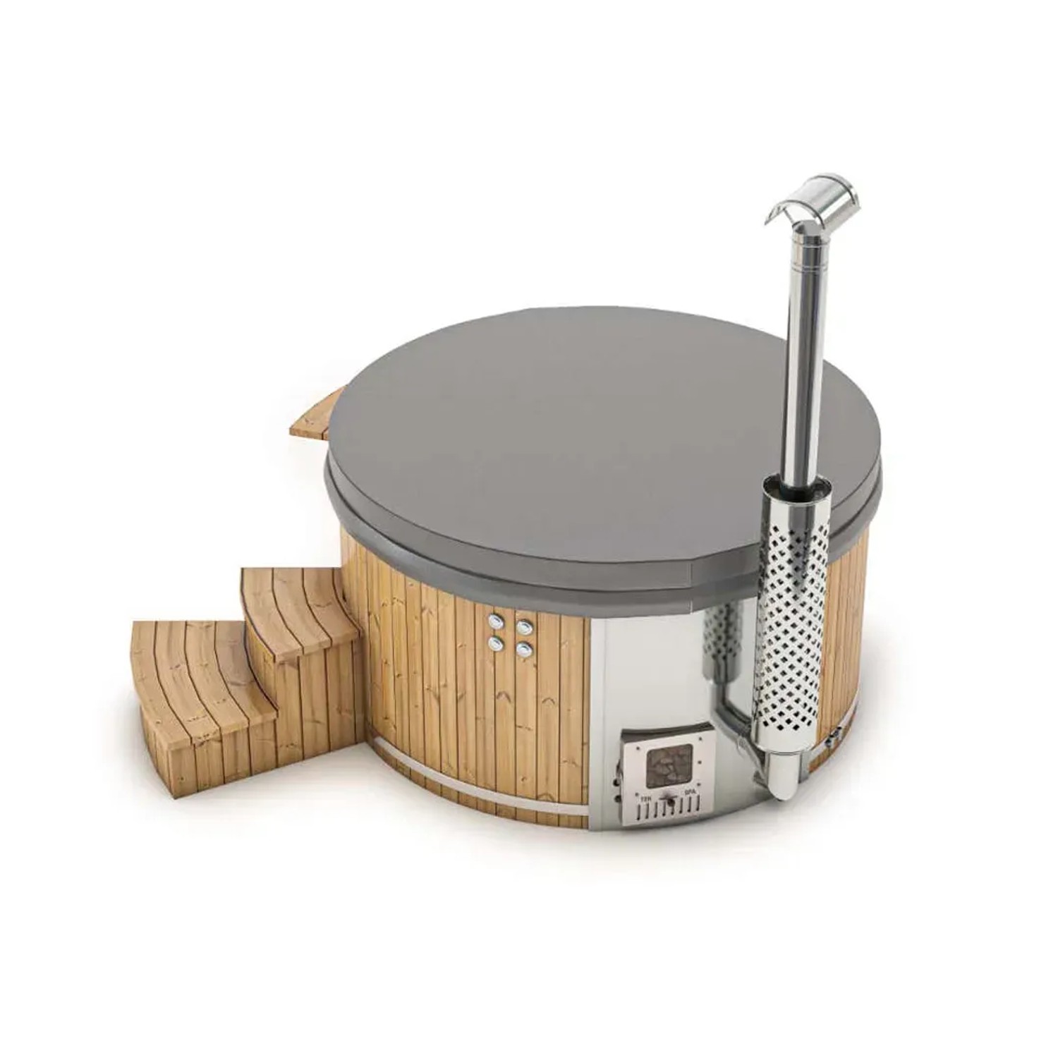 Finntherm Hot Tub Stockholm Spa Edition, anthrazitfarbener Holzpool mit Treppe und Ofenrohr.