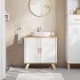 Weißer EUGAD Waschbeckenunterschrank mit 2 Türen, Holzplatte und Beinen, in modernem Badambiente.