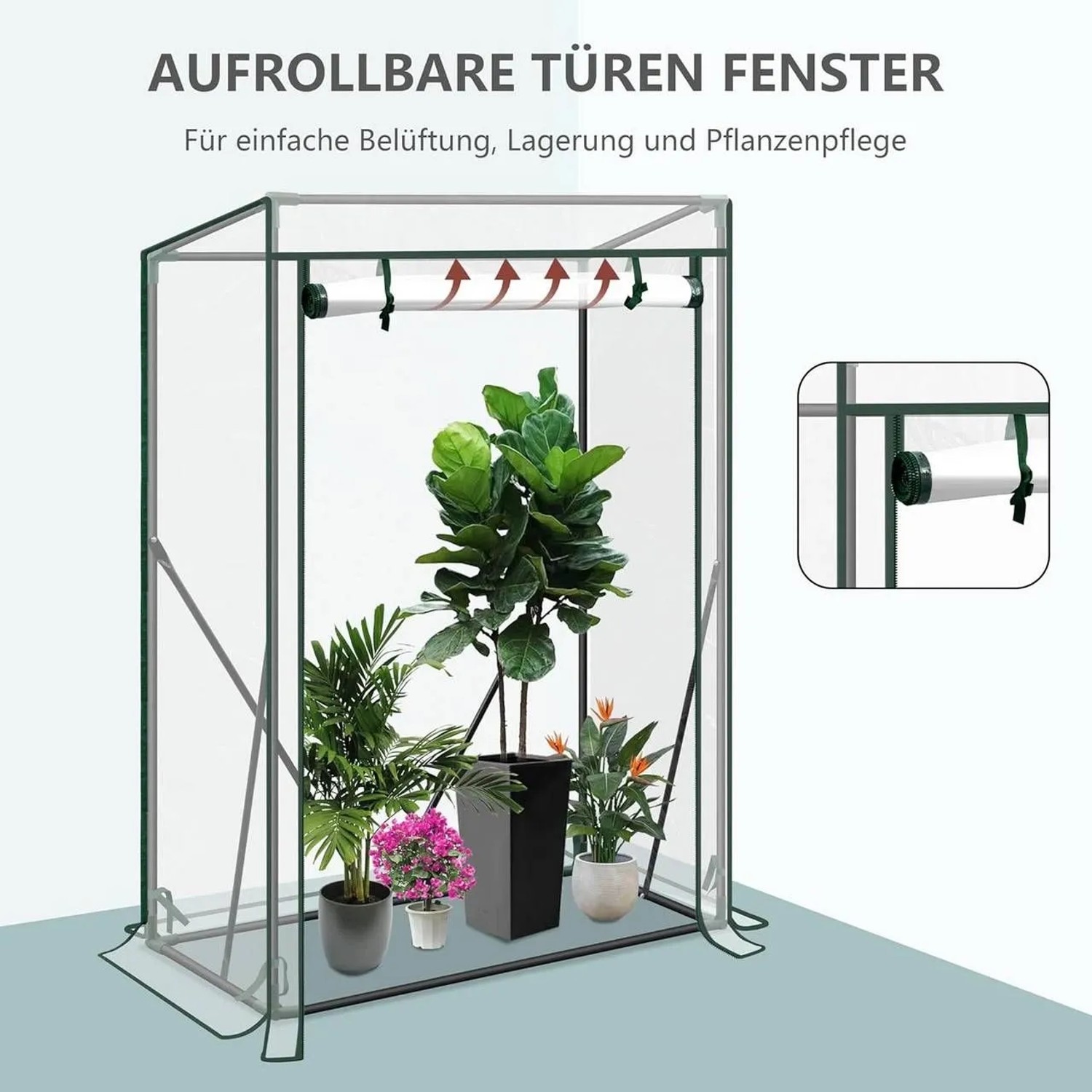 Transparentes WOLTU Foliengewächshaus mit Pflanzen, aufrollbare Tür für Belüftung.