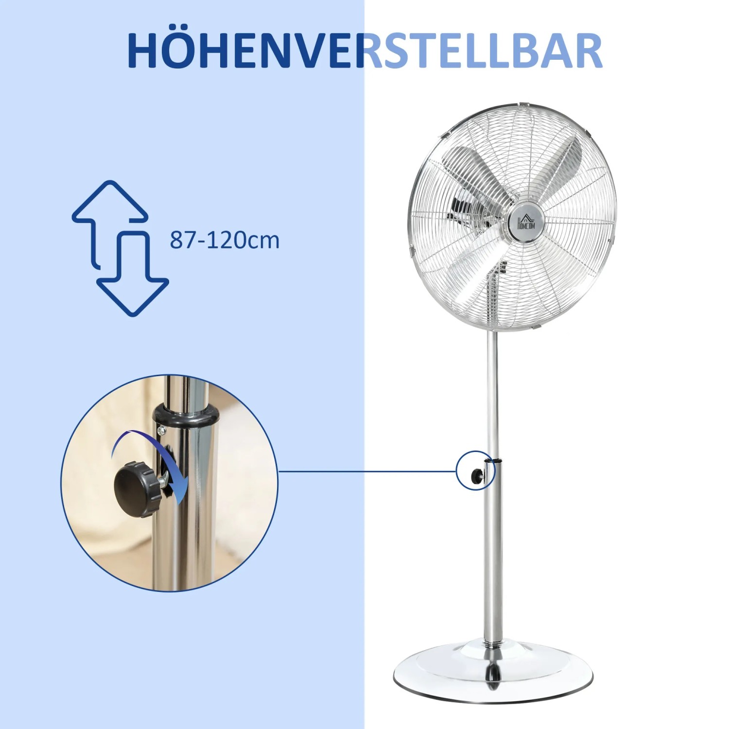 HOMCOM Standventilator, silberfarben, höhenverstellbar von 87 bis 120 cm.