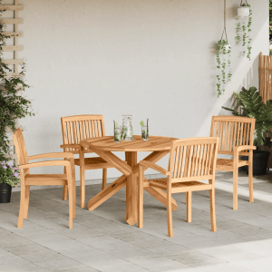 Braune 3-teilige vidaXL Garten Essgruppe aus Akazienholz mit rundem Tisch und vier Stühlen.