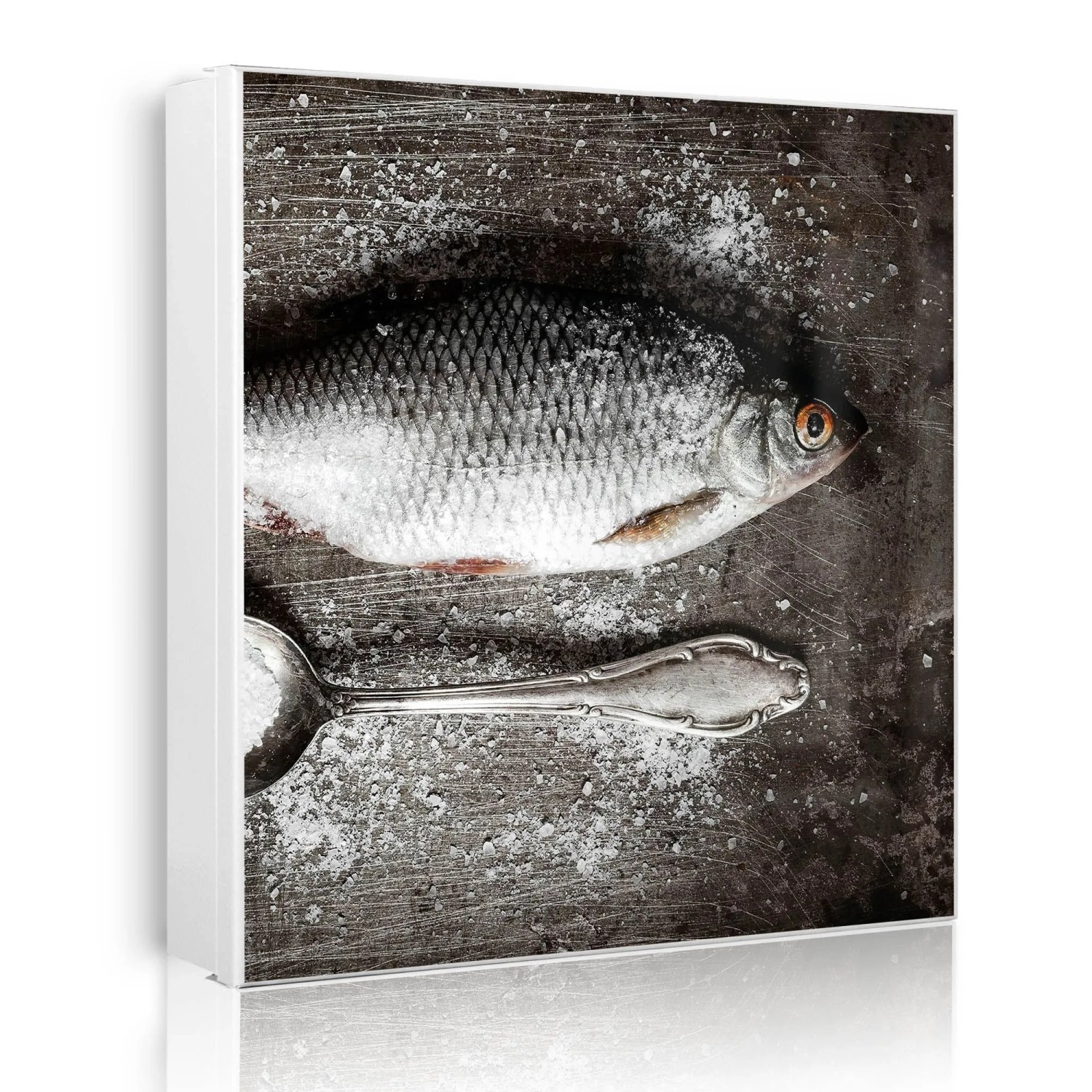 Banjado Großer Schlüsselkasten Metall 30x30cm Weiß Scharnier Links 50 Haken Beschreibbar Magnetisch Motiv Fisch Und Salz