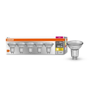 Osram LED GU10 Leuchtmittel, 5er Set, 4,3W, warmweiß, 350 Lumen.