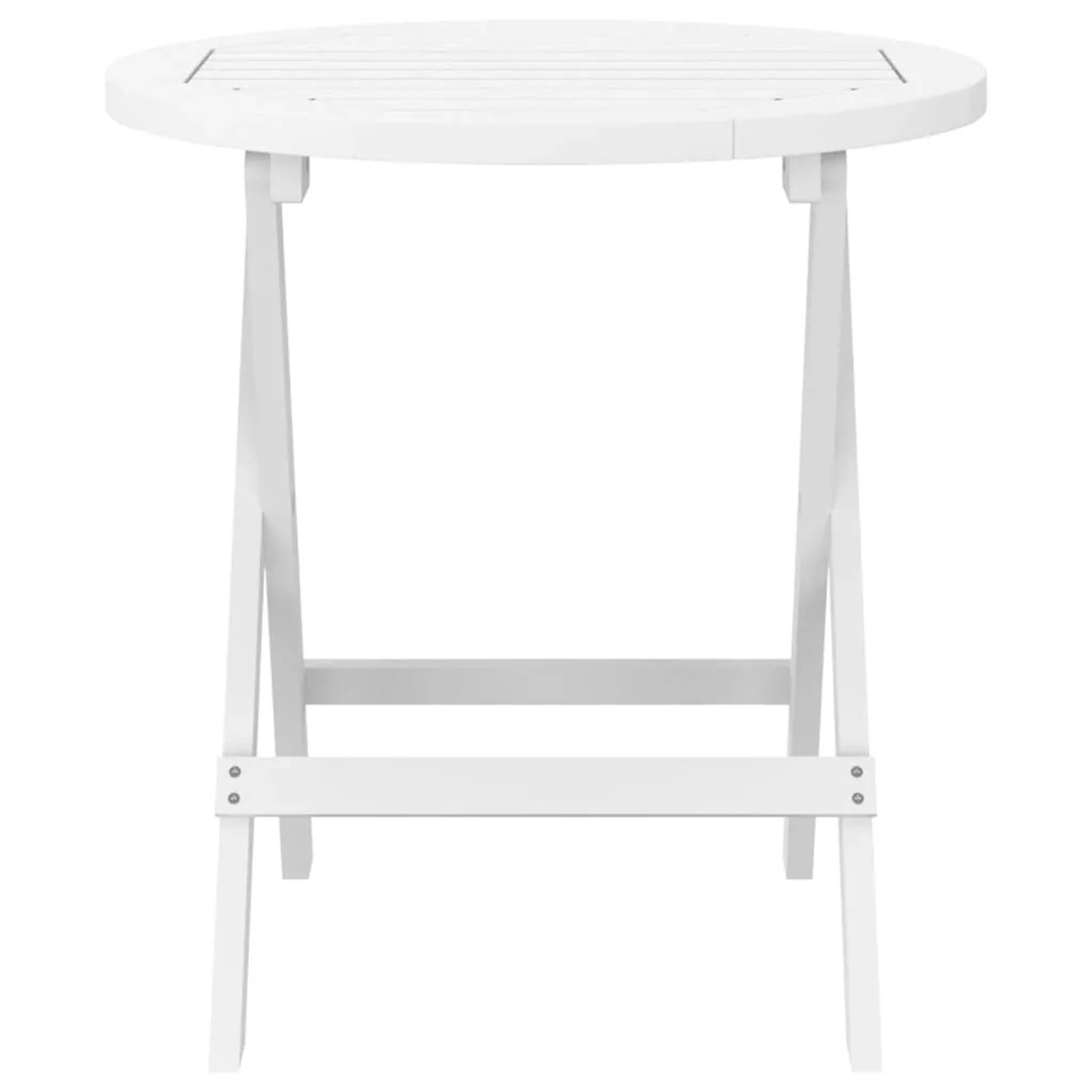 Klappbarer, runder Gartentisch aus Akazienholz, weiß lackiert, für Balkon und Terrasse.