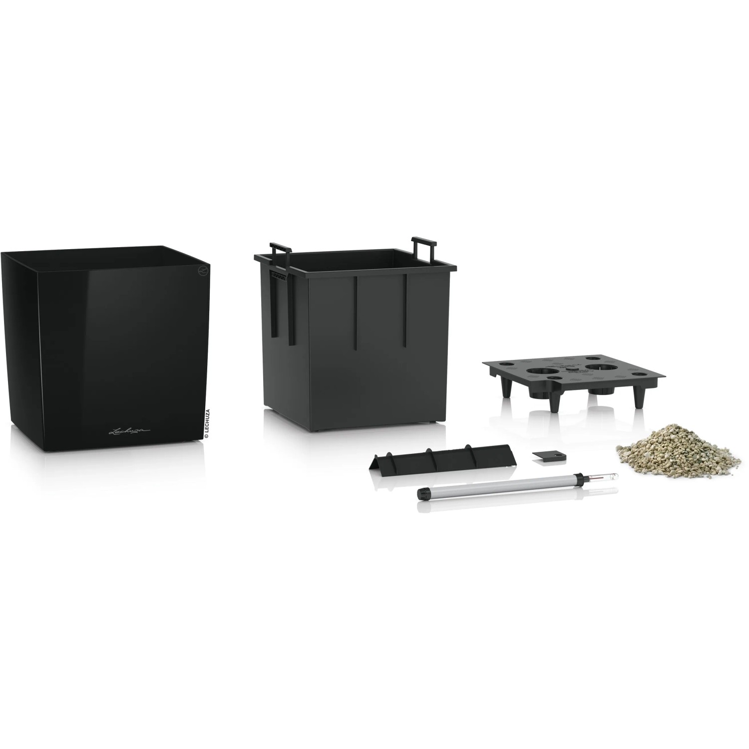 Lechuza Cube Premium Pflanzgefäß, 30 cm, Schwarz hochglanz, mit Zubehör für Bewässerungssystem.