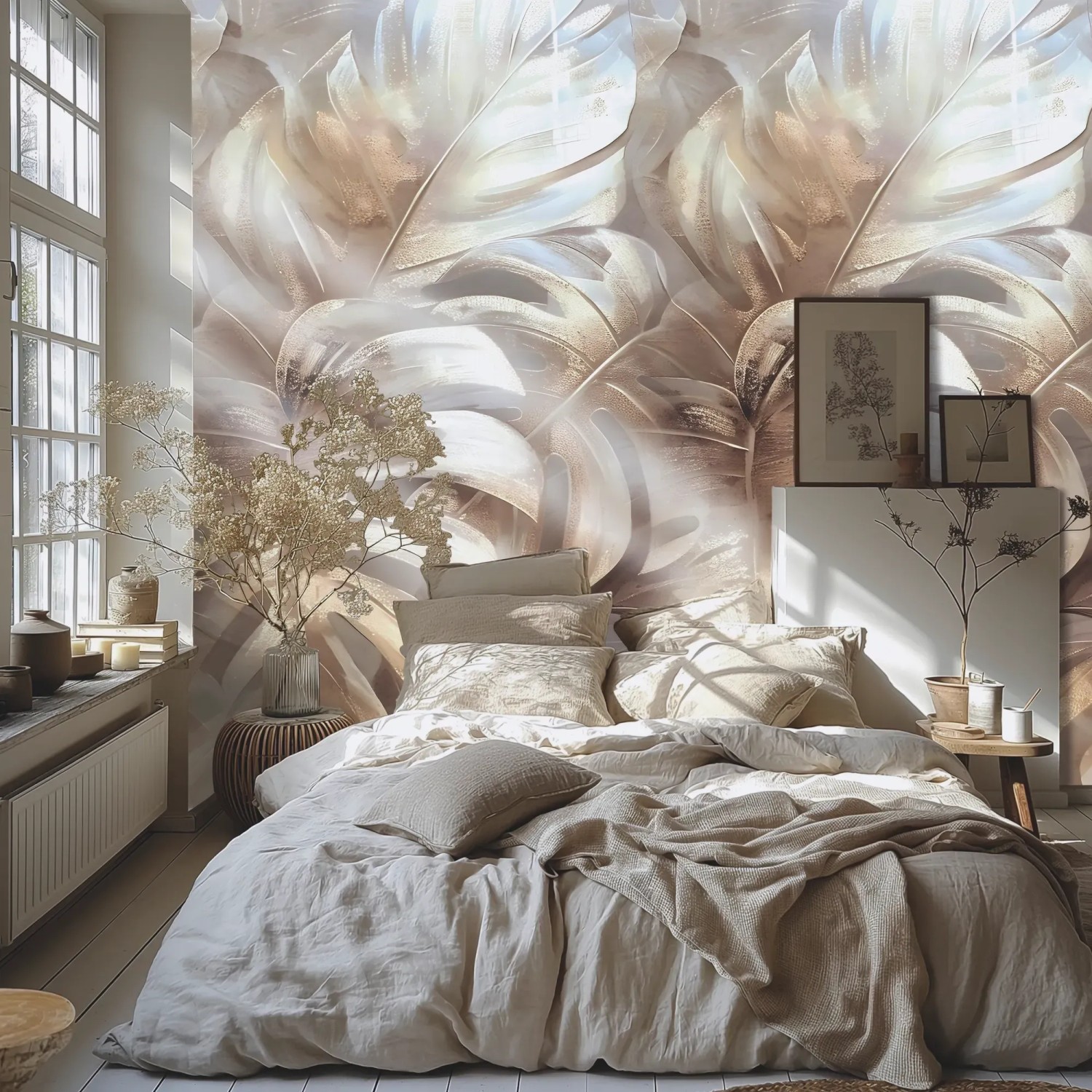 Schlafzimmer mit A.S. Creation Fototapete Palmenblätter in Beige-Gold. Florales Design für tropische Atmosphäre.