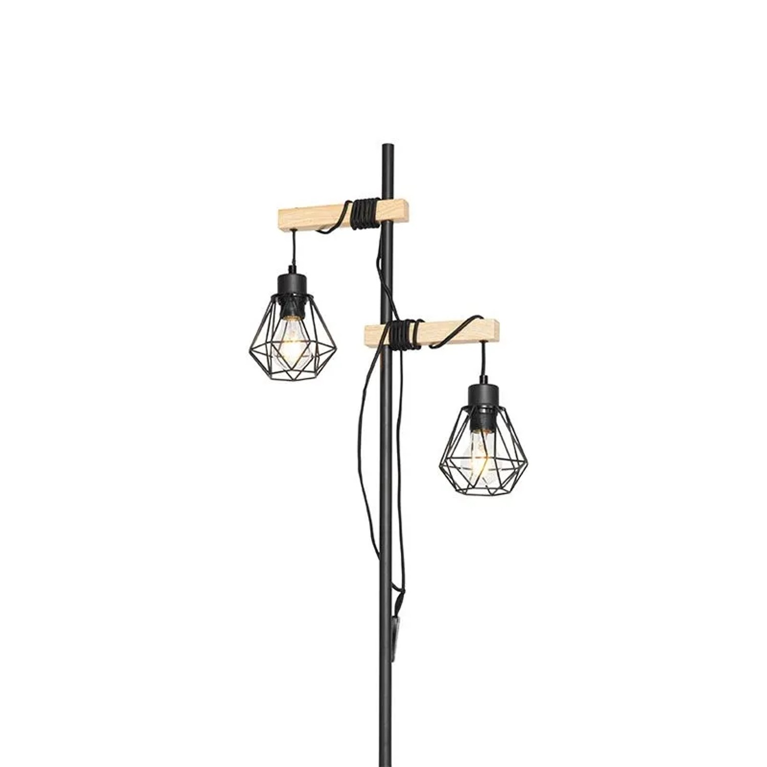 Schwarze QAZQA Stehlampe Chon mit Holz und zwei Leuchten im Industrial Design.