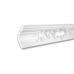 Flexible, weiße PROFHOME Eckleiste Stuckleiste (200cm) mit Rokoko/Barock Muster.