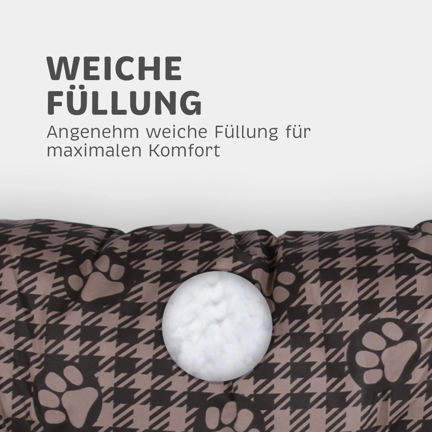 Detailaufnahme: Braunes Hundekissen mit Pfotenmuster und weicher Füllung. Hundekorb für Komfort.