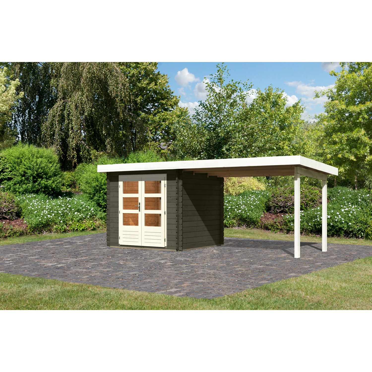 Karibu Gartenhaus Ängelholm 2 Terragrau 519 cm x 237 cm mit Anbaudach günstig online kaufen