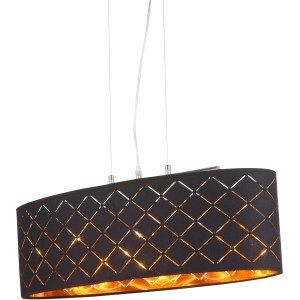 Moderne Globo Pendelleuchte CLARKE, Nickel matt, schwarzer Textilschirm mit goldfarbener Innenseite und Dekorstanzungen.