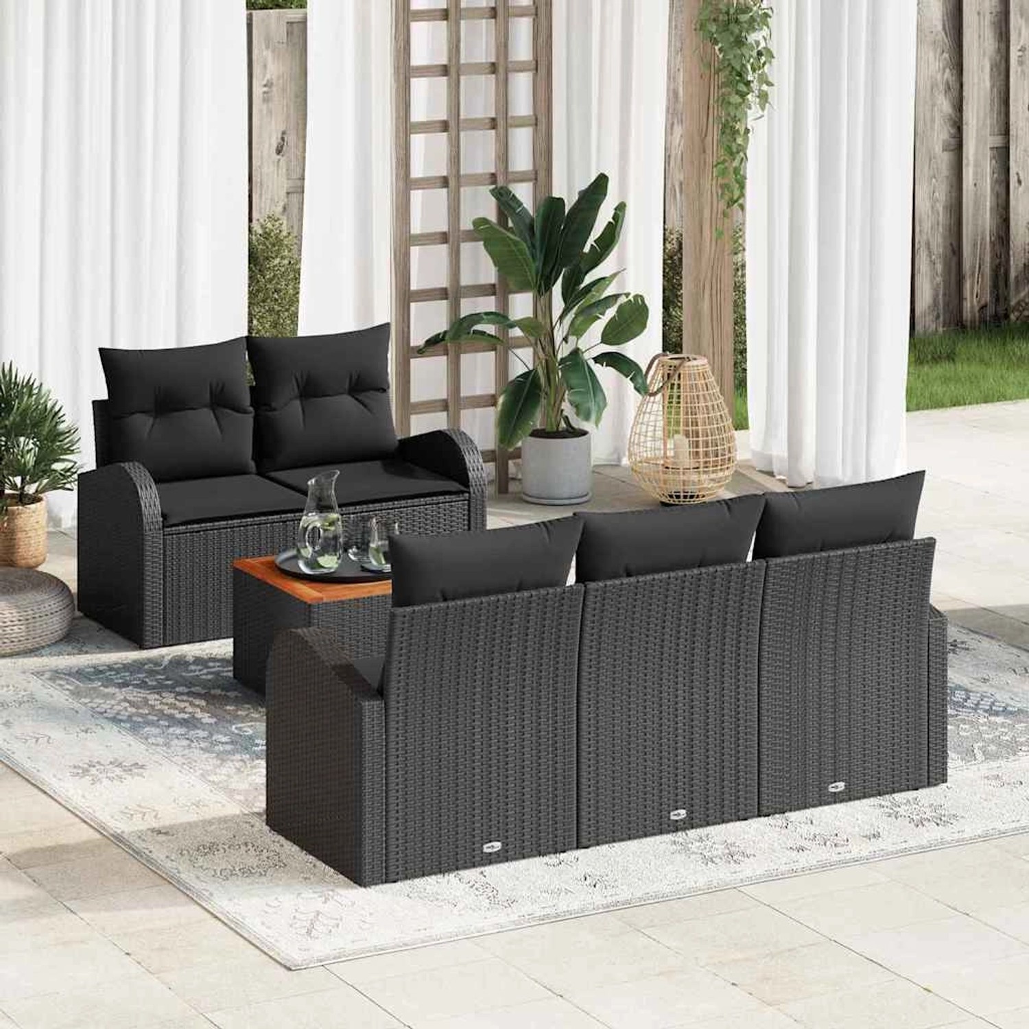 vidaXL Garten-Sofa-Set, 6-teilig, schwarz, Poly Rattan. Gartenmöbel mit Tisch und modularem Design.