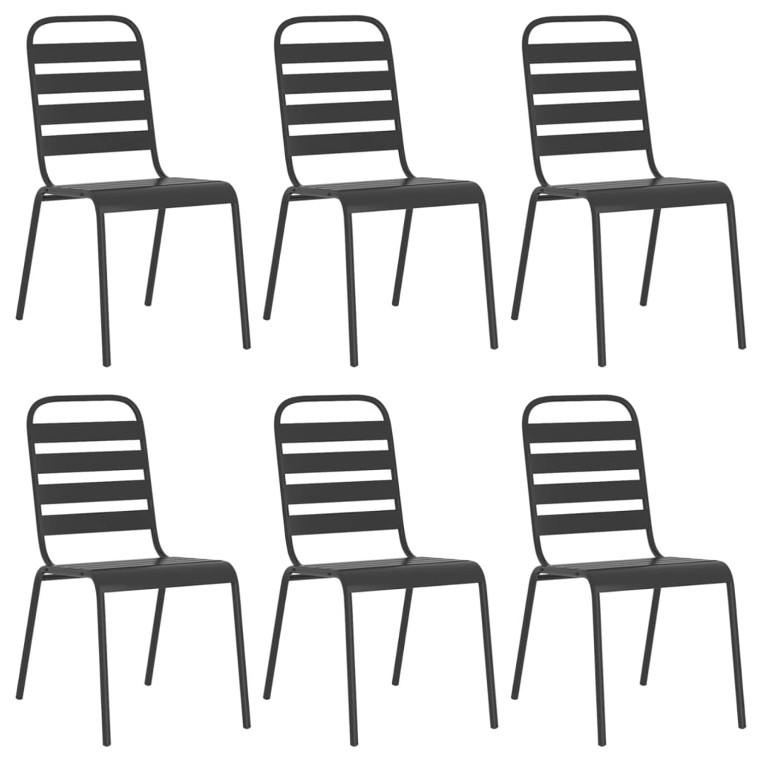 7-teilige Garten-Essgruppe Anthrazit aus Stahl, bestehend aus 6 Stühlen und 1 Tisch.