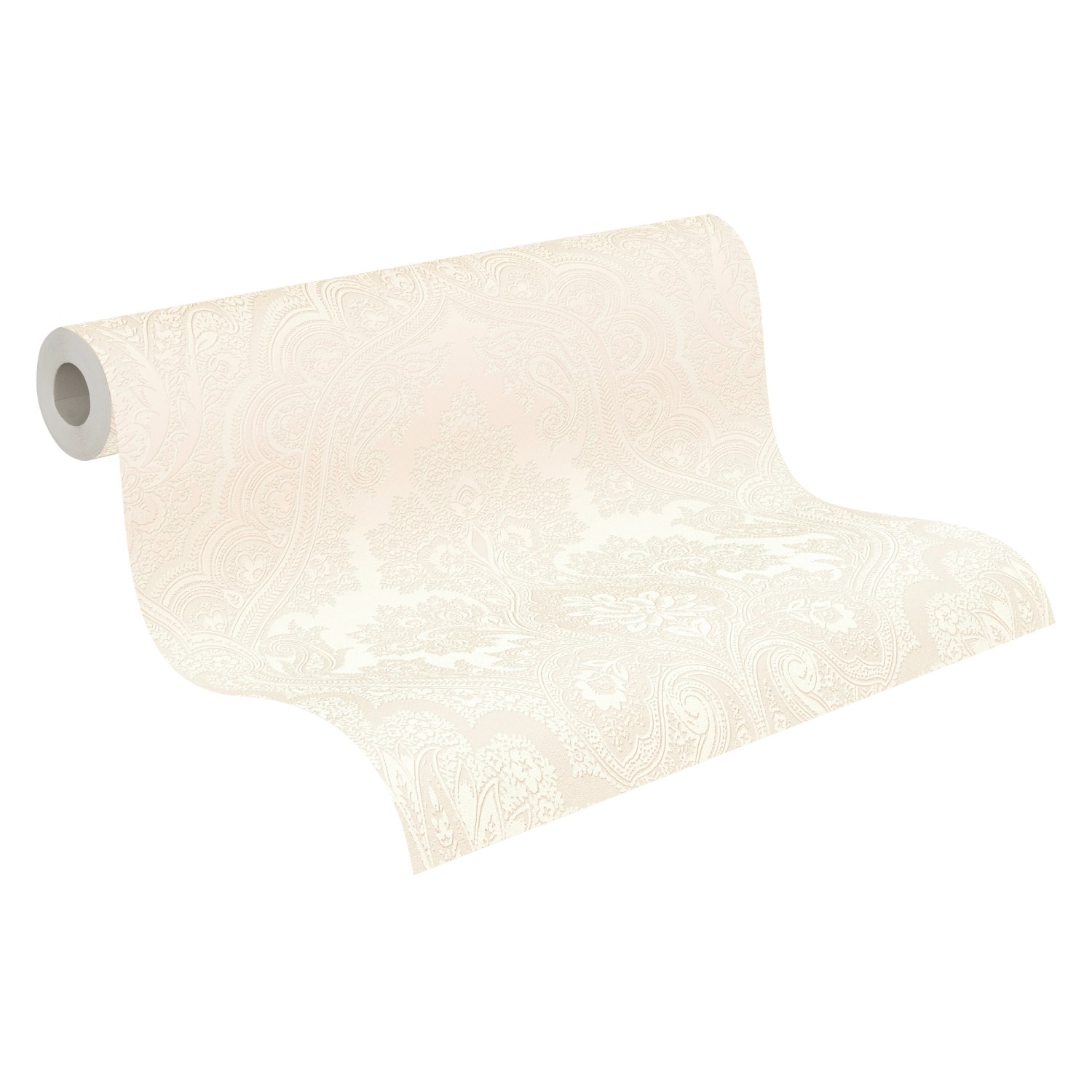 Vliestapete Barock Ornament in Perlweiß und Silber, glänzend und glatt.